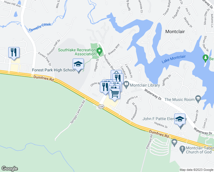 map of restaurants, bars, coffee shops, grocery stores, and more near 15751 Marbury Heights Way in Montclair