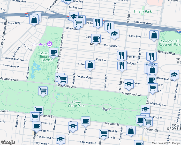 map of restaurants, bars, coffee shops, grocery stores, and more near 4109 Botanical Avenue in St. Louis