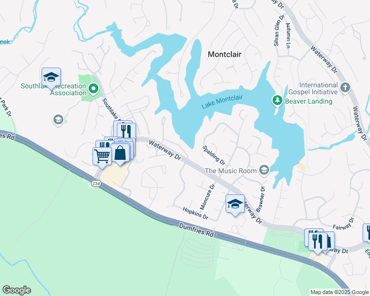 map of restaurants, bars, coffee shops, grocery stores, and more near 15645 Montview Drive in Dumfries