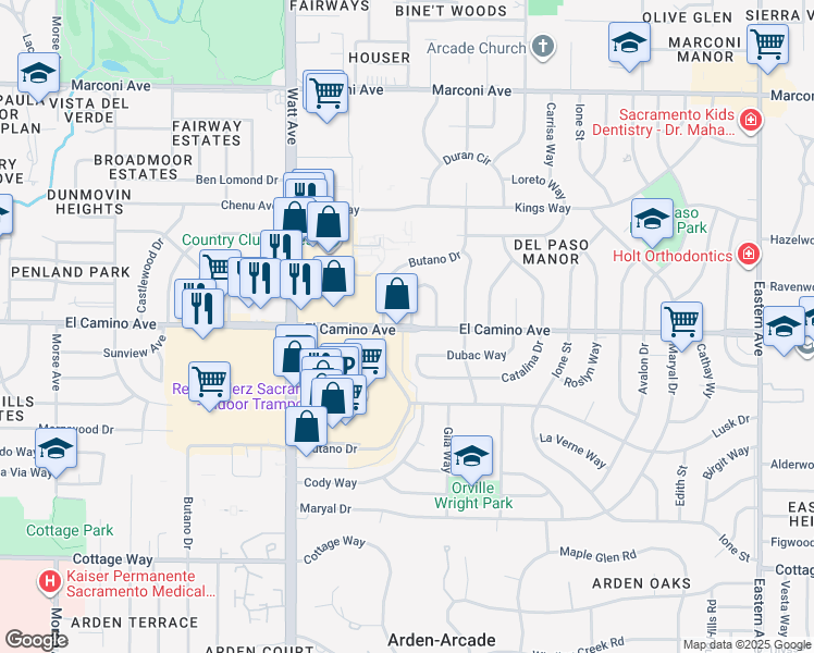 map of restaurants, bars, coffee shops, grocery stores, and more near 3702 El Camino Avenue in Sacramento
