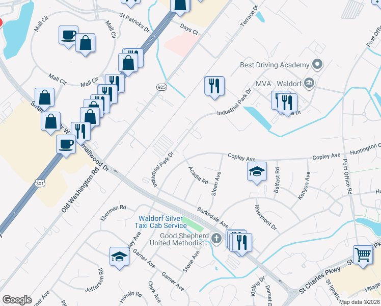 map of restaurants, bars, coffee shops, grocery stores, and more near 918 Copley Avenue in Waldorf