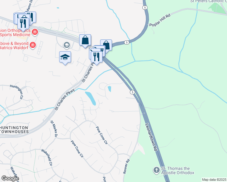 map of restaurants, bars, coffee shops, grocery stores, and more near 12623 Willowview Place in Waldorf