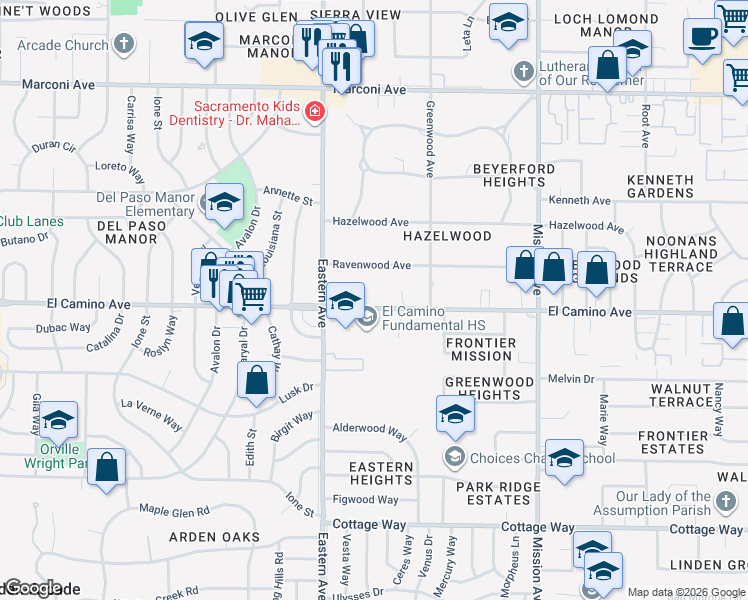 map of restaurants, bars, coffee shops, grocery stores, and more near 4401 El Camino Avenue in Sacramento