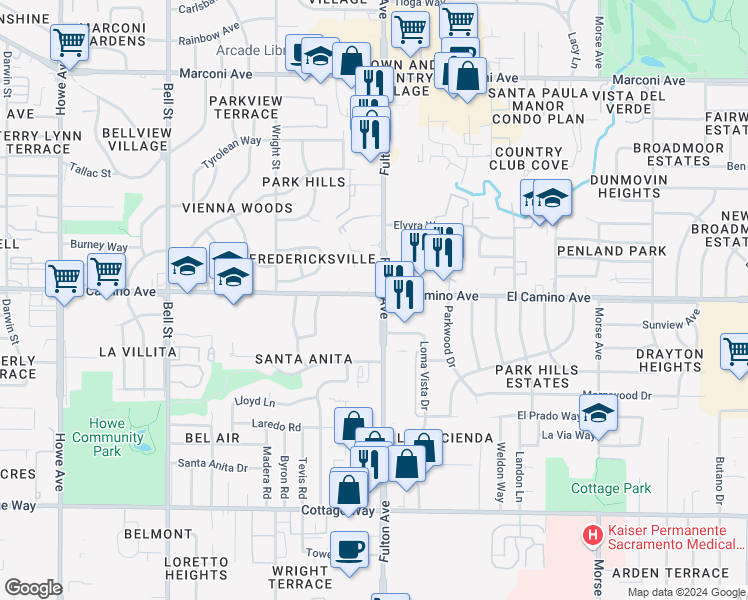 map of restaurants, bars, coffee shops, grocery stores, and more near 2518 W El Camino Ave in Sacramento
