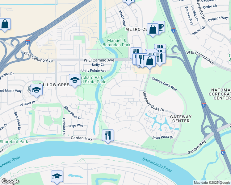 map of restaurants, bars, coffee shops, grocery stores, and more near 2793 Pickering Way in Sacramento