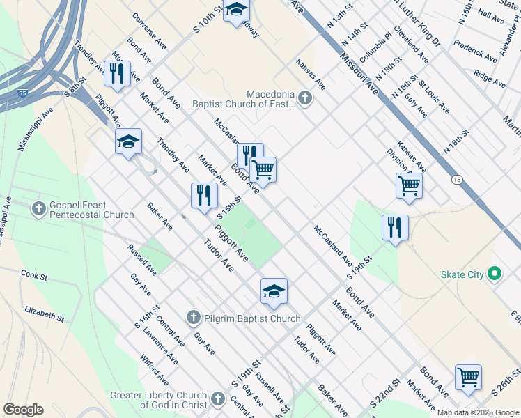 map of restaurants, bars, coffee shops, grocery stores, and more near 1531 Market Avenue in East St. Louis