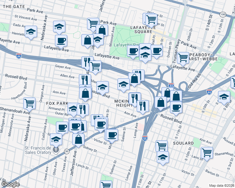 map of restaurants, bars, coffee shops, grocery stores, and more near 2101 Russell Boulevard in St. Louis