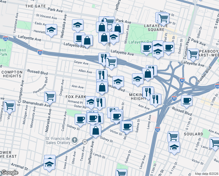 map of restaurants, bars, coffee shops, grocery stores, and more near 2311 Ann Avenue in St. Louis