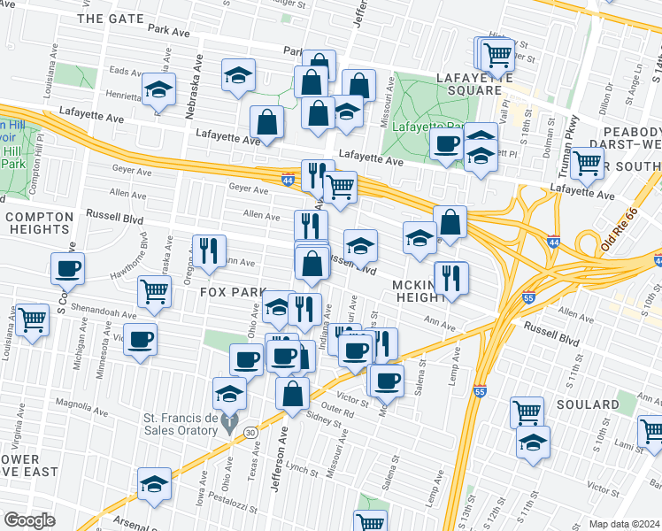 map of restaurants, bars, coffee shops, grocery stores, and more near 2311 Ann Avenue in St. Louis