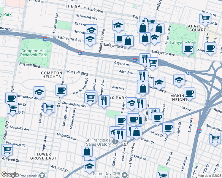 map of restaurants, bars, coffee shops, grocery stores, and more near 2757 Accomac Street in St. Louis