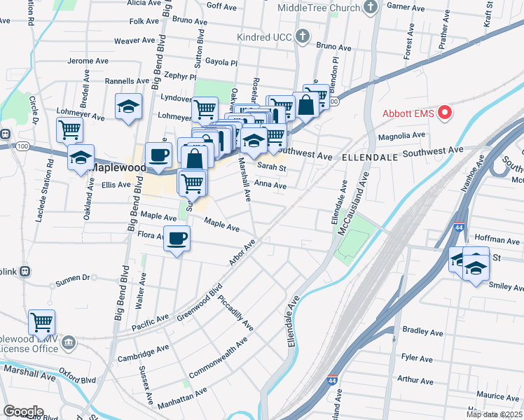 map of restaurants, bars, coffee shops, grocery stores, and more near 7229 Rule Avenue in Maplewood