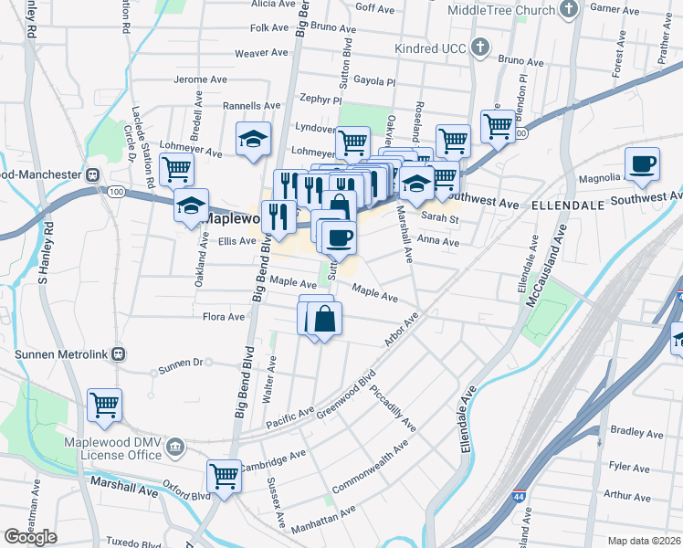 map of restaurants, bars, coffee shops, grocery stores, and more near 7386 Maple Avenue in Maplewood