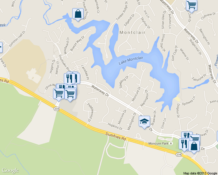 map of restaurants, bars, coffee shops, grocery stores, and more near 15645 Montview Drive in Dumfries