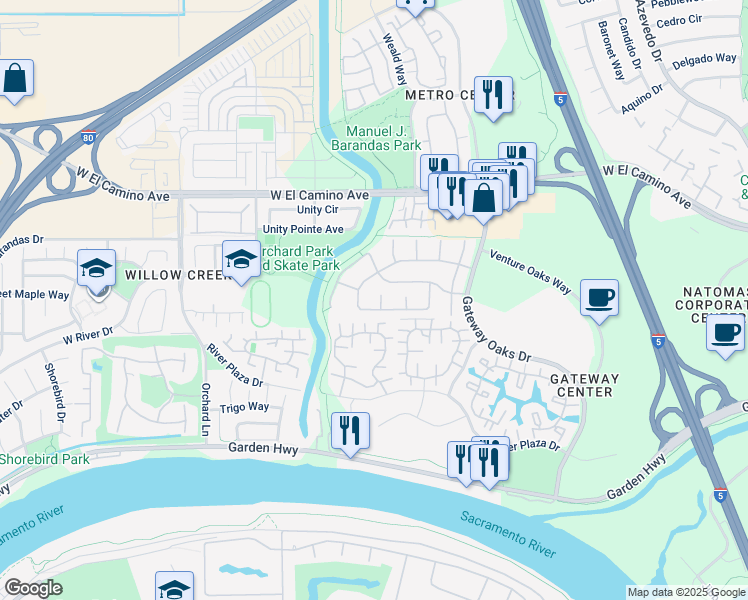 map of restaurants, bars, coffee shops, grocery stores, and more near 2793 Pickering Way in Sacramento
