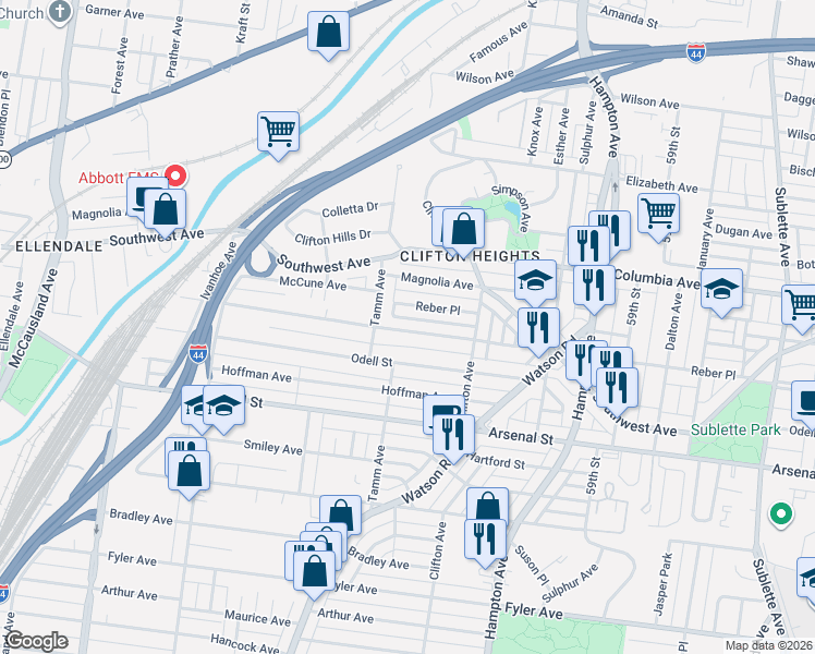 map of restaurants, bars, coffee shops, grocery stores, and more near 6272 Marmaduke Avenue in St. Louis