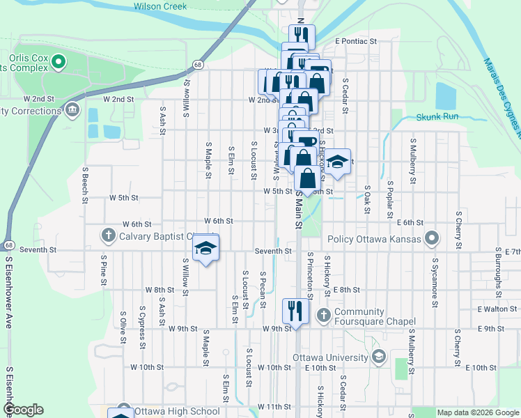 map of restaurants, bars, coffee shops, grocery stores, and more near 533 South Locust Street in Ottawa