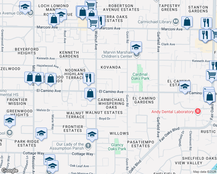 map of restaurants, bars, coffee shops, grocery stores, and more near 5143 El Camino Avenue in Carmichael