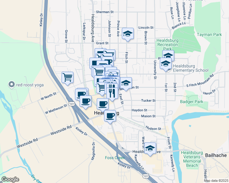 map of restaurants, bars, coffee shops, grocery stores, and more near 126 Matheson Street in Healdsburg