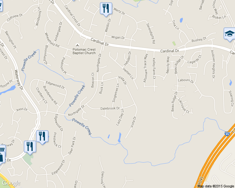 map of restaurants, bars, coffee shops, grocery stores, and more near 15715 Singletree Lane in Dumfries