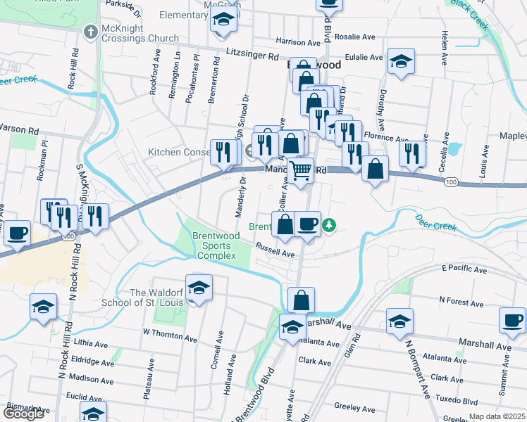 map of restaurants, bars, coffee shops, grocery stores, and more near 2826 Hilldale Avenue in Brentwood