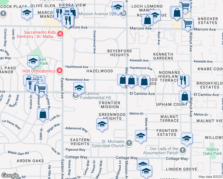 map of restaurants, bars, coffee shops, grocery stores, and more near 4532 El Camino Avenue in Sacramento