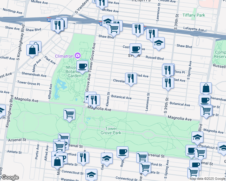 map of restaurants, bars, coffee shops, grocery stores, and more near 4153 Botanical Avenue in St. Louis