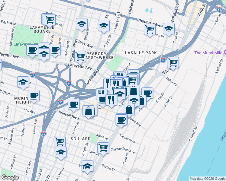map of restaurants, bars, coffee shops, grocery stores, and more near 904 Soulard Street in St. Louis