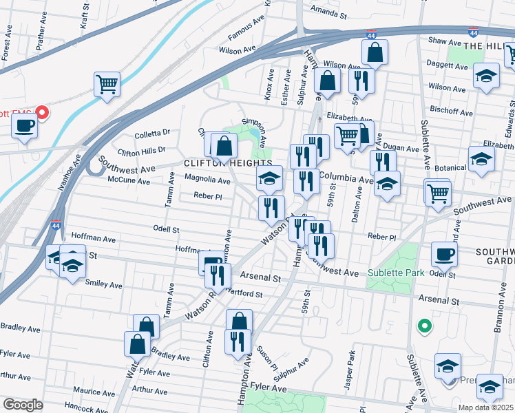 map of restaurants, bars, coffee shops, grocery stores, and more near 6025 Marmaduke Avenue in St. Louis
