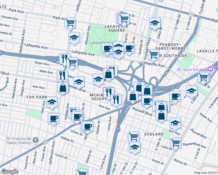 map of restaurants, bars, coffee shops, grocery stores, and more near 1914 Allen Avenue in St. Louis