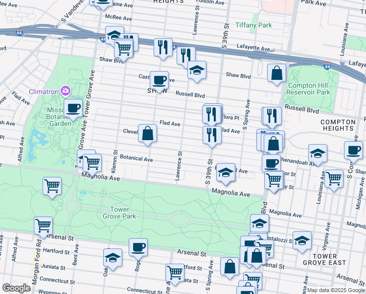 map of restaurants, bars, coffee shops, grocery stores, and more near 2321 Lawrence Street in St. Louis