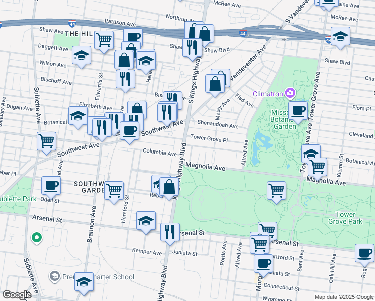 map of restaurants, bars, coffee shops, grocery stores, and more near 2627 Gurney Court in St. Louis