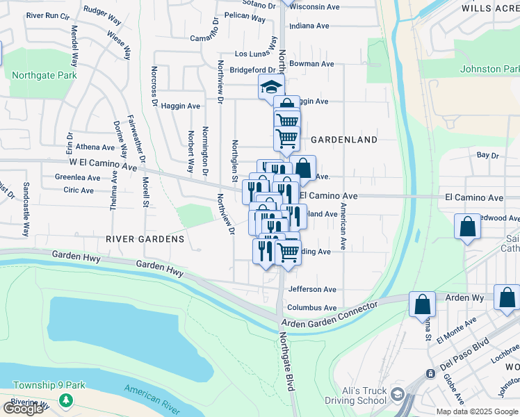 map of restaurants, bars, coffee shops, grocery stores, and more near 2369 Northgate Boulevard in Sacramento