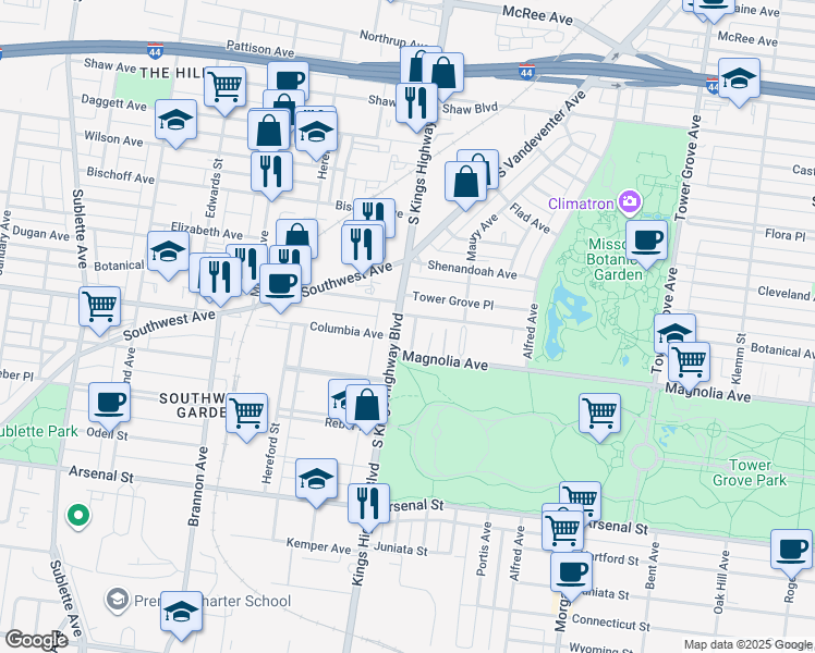 map of restaurants, bars, coffee shops, grocery stores, and more near 2627 Gurney Court in St. Louis
