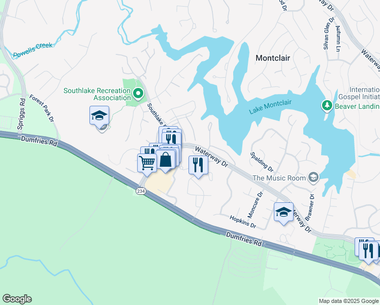 map of restaurants, bars, coffee shops, grocery stores, and more near 4915 Backwater Court in Dumfries