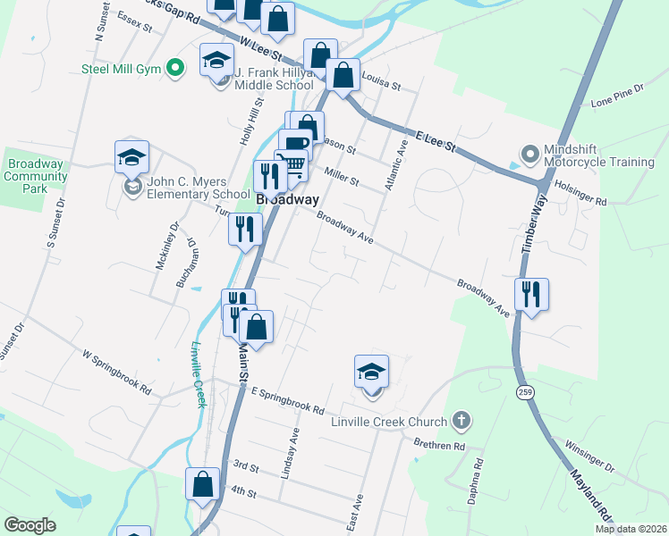 map of restaurants, bars, coffee shops, grocery stores, and more near 159 Alger Lane in Broadway