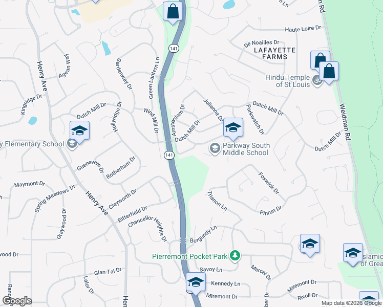 map of restaurants, bars, coffee shops, grocery stores, and more near 1010 Van Loon Drive in Ballwin