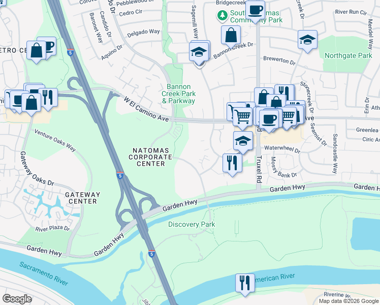 map of restaurants, bars, coffee shops, grocery stores, and more near 2450 Natomas Park Drive in Sacramento