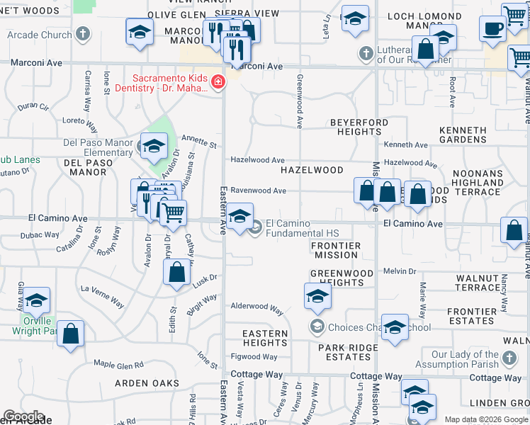 map of restaurants, bars, coffee shops, grocery stores, and more near 4401 El Camino Avenue in Sacramento