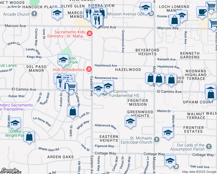 map of restaurants, bars, coffee shops, grocery stores, and more near 4401 El Camino Avenue in Sacramento