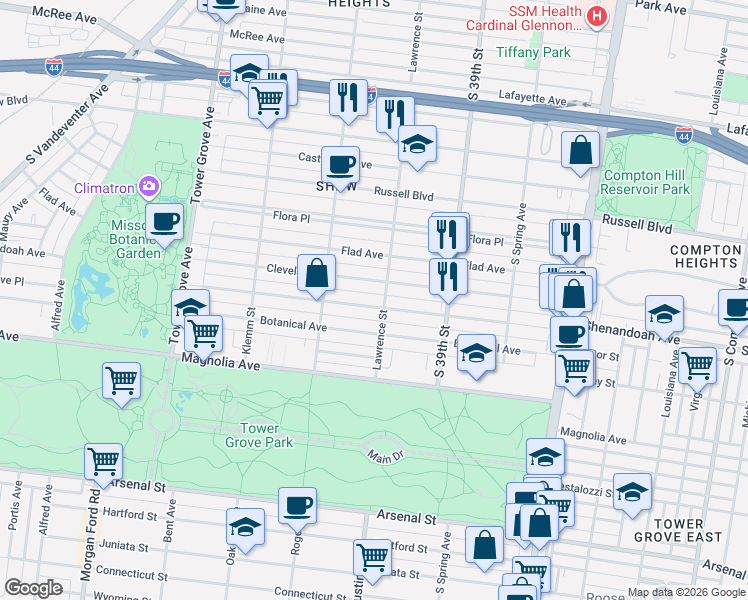 map of restaurants, bars, coffee shops, grocery stores, and more near 2321 Lawrence Street in St. Louis