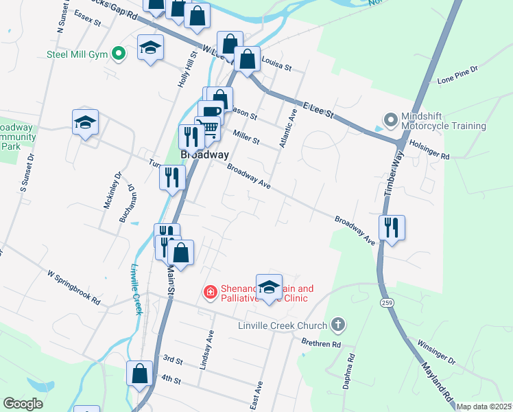 map of restaurants, bars, coffee shops, grocery stores, and more near 140 Olivia Dawn Lane in Broadway