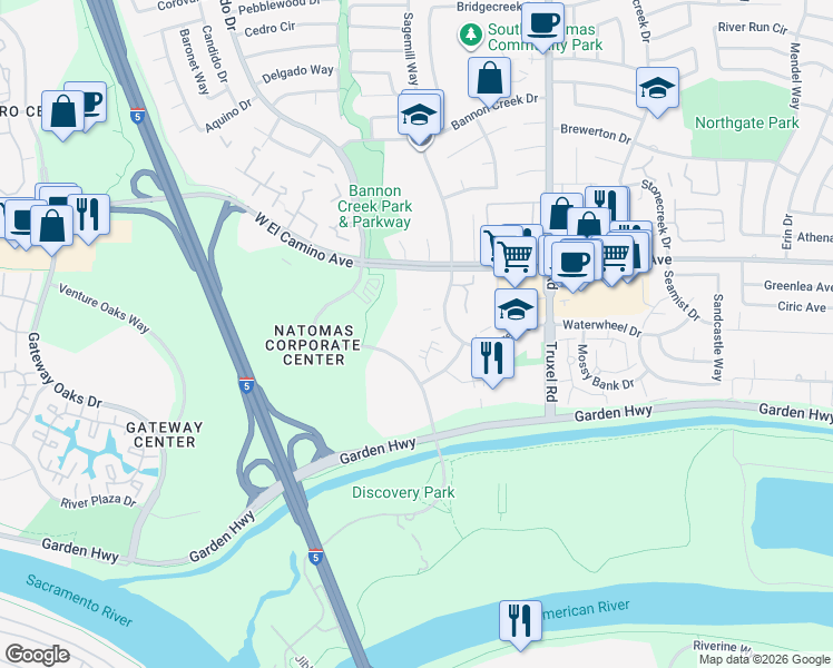 map of restaurants, bars, coffee shops, grocery stores, and more near 1777 Capital Park Drive in Sacramento