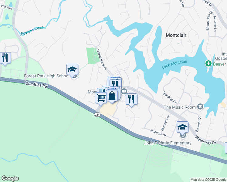 map of restaurants, bars, coffee shops, grocery stores, and more near 5050 Waterway Drive in Montclair