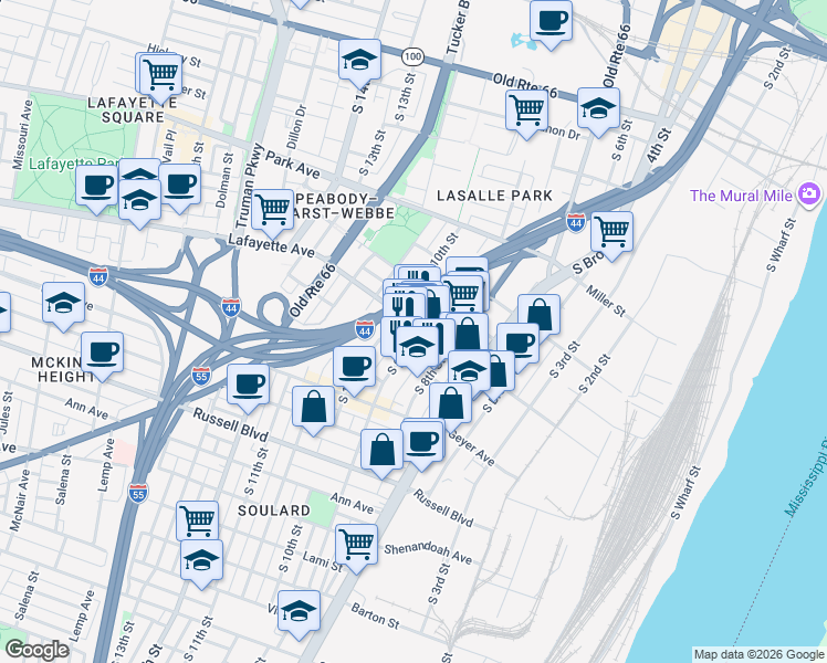 map of restaurants, bars, coffee shops, grocery stores, and more near 1718 South 8th Street in St. Louis