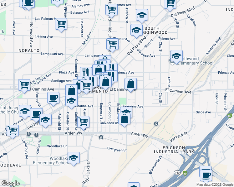 map of restaurants, bars, coffee shops, grocery stores, and more near 951 Dixieanne Avenue in Sacramento