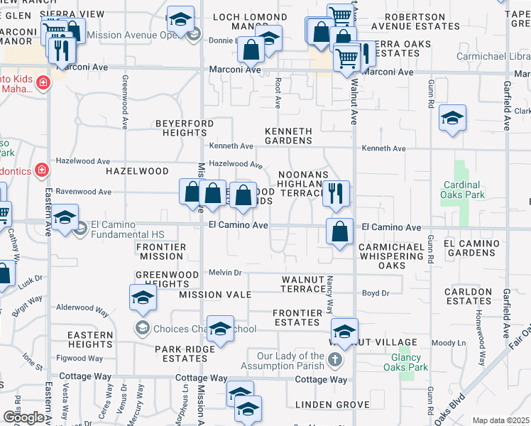 map of restaurants, bars, coffee shops, grocery stores, and more near 4852 Hazelwood Avenue in Carmichael