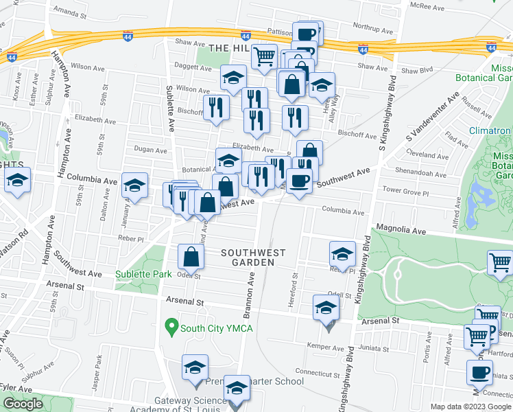 map of restaurants, bars, coffee shops, grocery stores, and more near 2609 Brannon Avenue in St. Louis