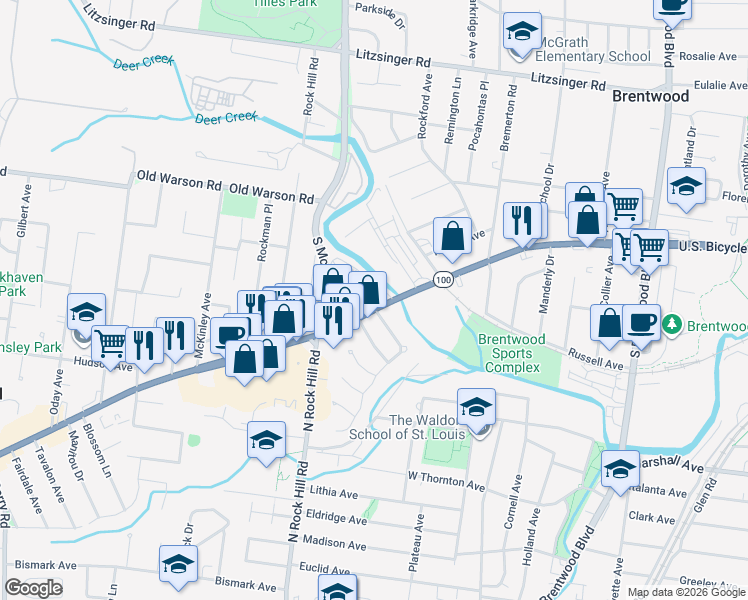 map of restaurants, bars, coffee shops, grocery stores, and more near 9305 Manchester Road in St. Louis