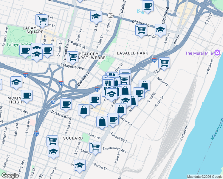 map of restaurants, bars, coffee shops, grocery stores, and more near 1718 South 8th Street in St. Louis