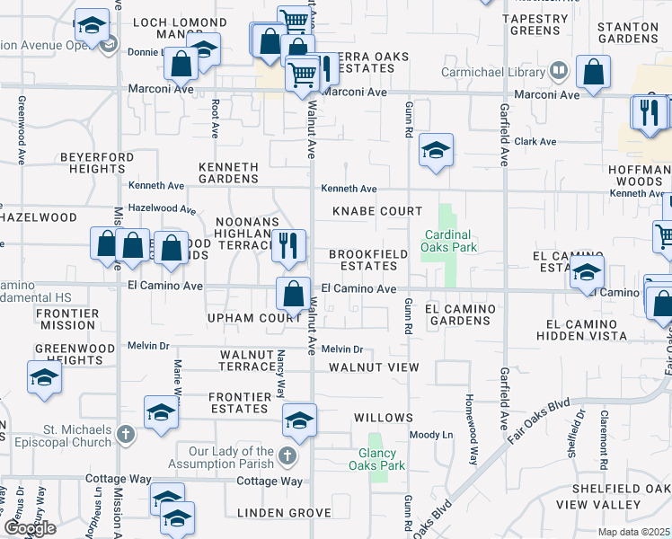 map of restaurants, bars, coffee shops, grocery stores, and more near in Carmichael